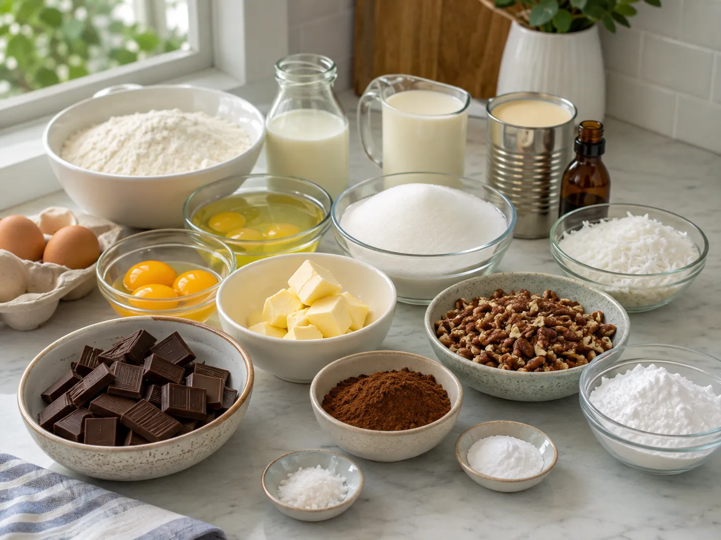 Ingredients for German chocolate cake with coconut, pecans, eggs, and chocolate