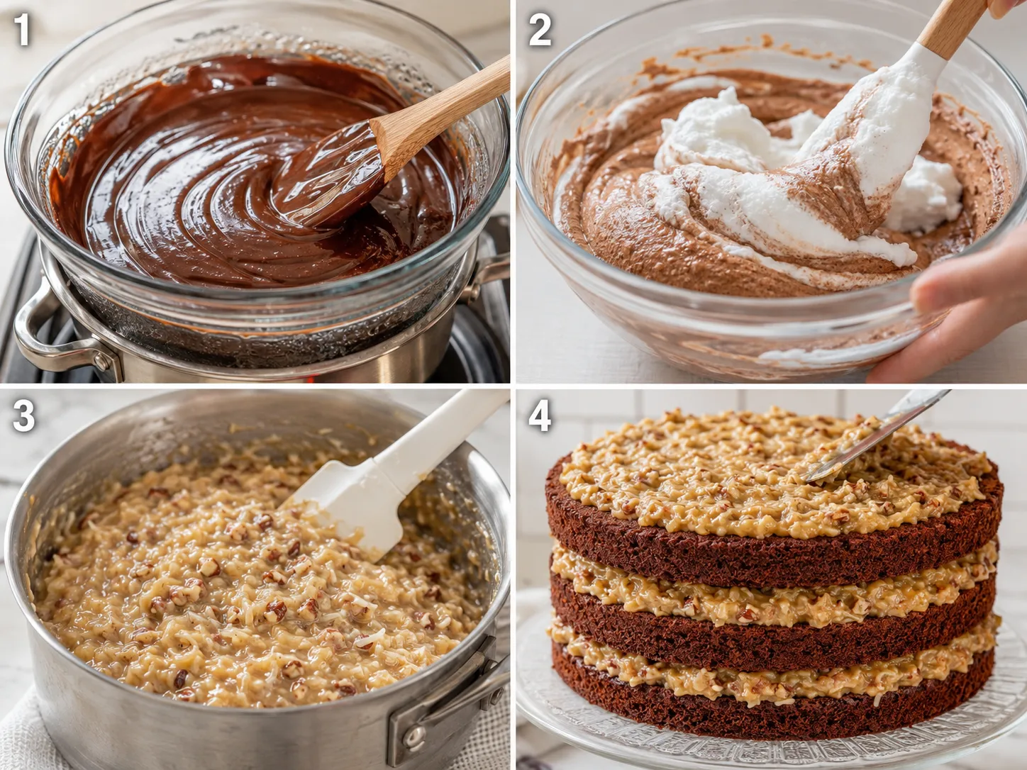 Four steps for making German chocolate cake and coconut pecan frosting