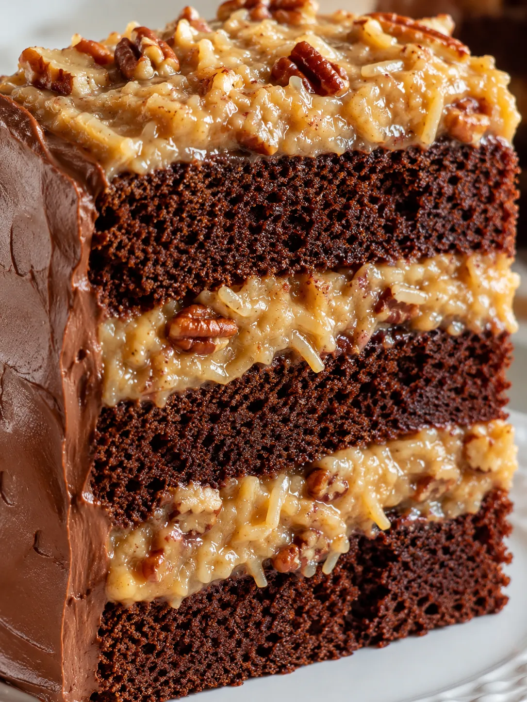 Tall German chocolate cake slice with coconut pecan frosting and toasted pecans