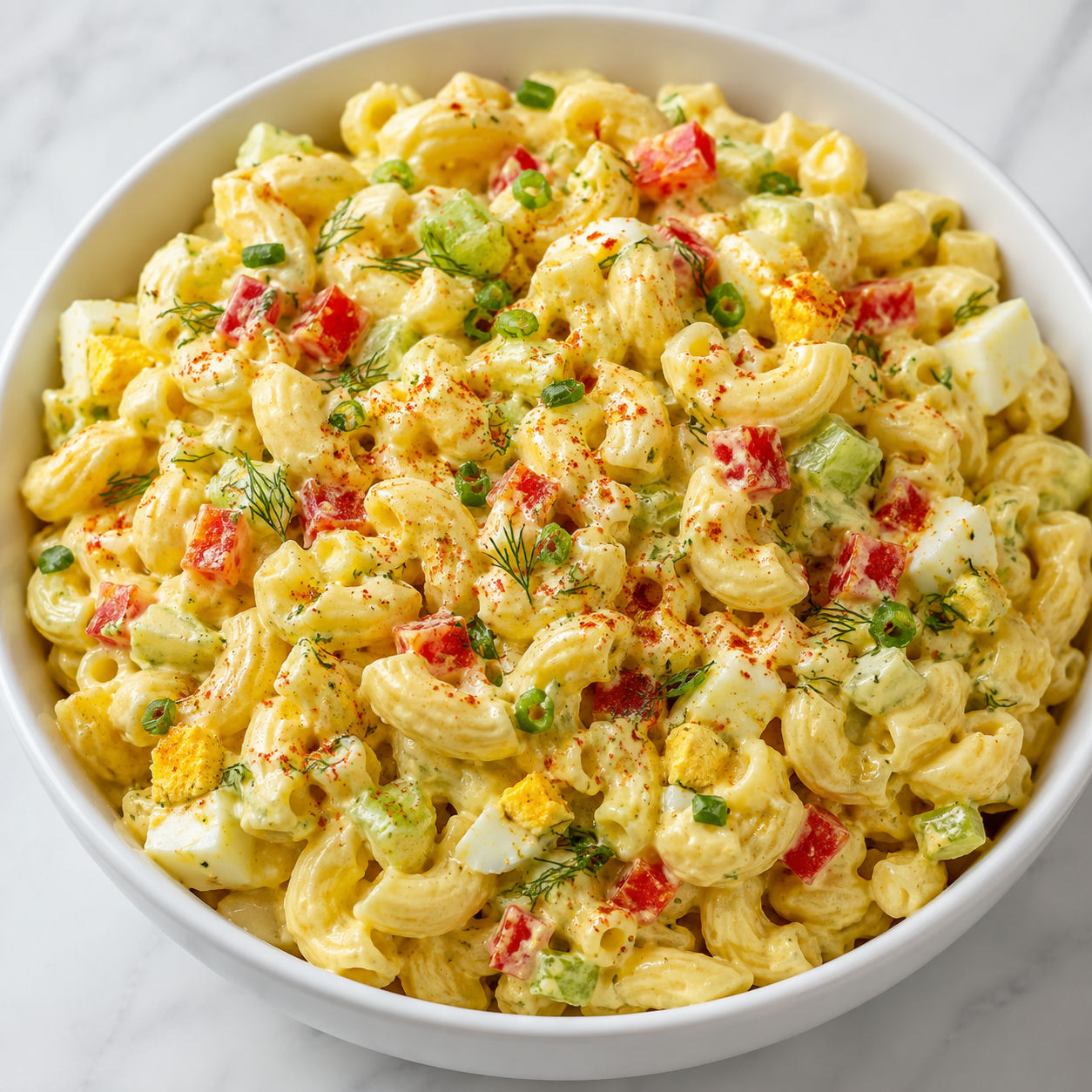 Deviled Egg Macaroni Salad with paprika, dill, and chopped eggs