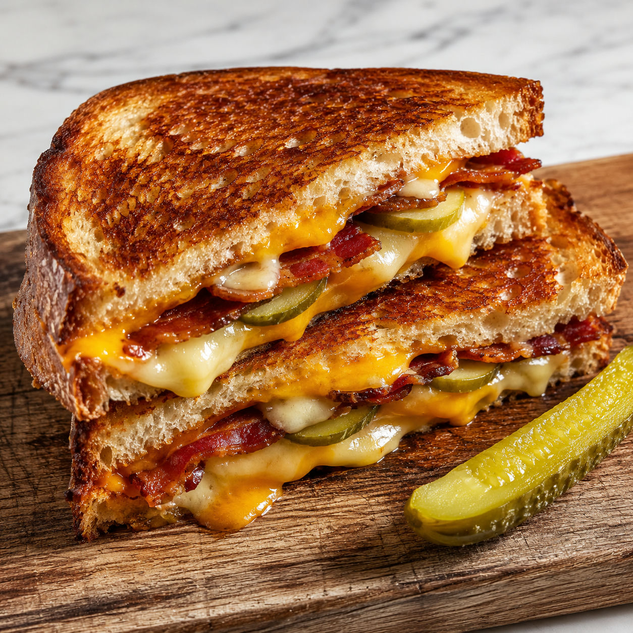 Dill pickle bacon grilled cheese on sourdough, sliced diagonally showing melted cheddar and crispy bacon layers