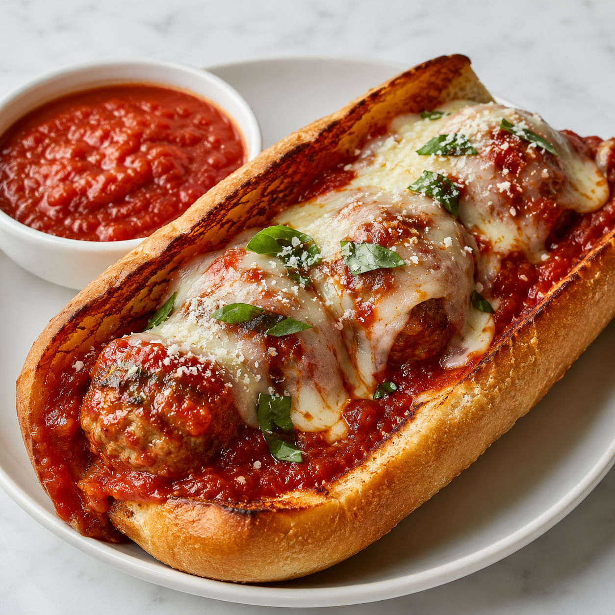 Meatball sub with melted cheese and a bowl of marinara for dipping