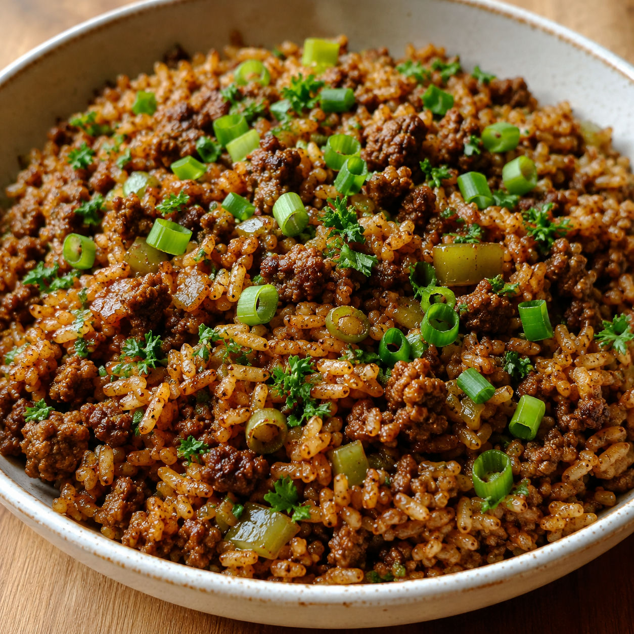 Dirty rice with ground beef, green onions, and parsley in a rustic shallow bowl