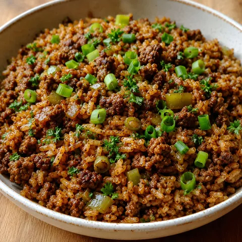 Dirty rice with ground beef, green onions, and parsley in a rustic shallow bowl
