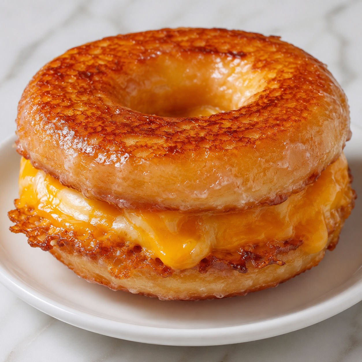 Donut grilled cheese with melted cheddar on a glazed donut bun