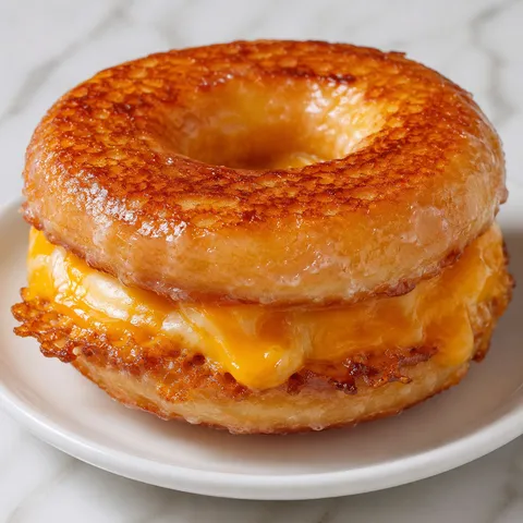 Donut grilled cheese with melted cheddar on a glazed donut bun