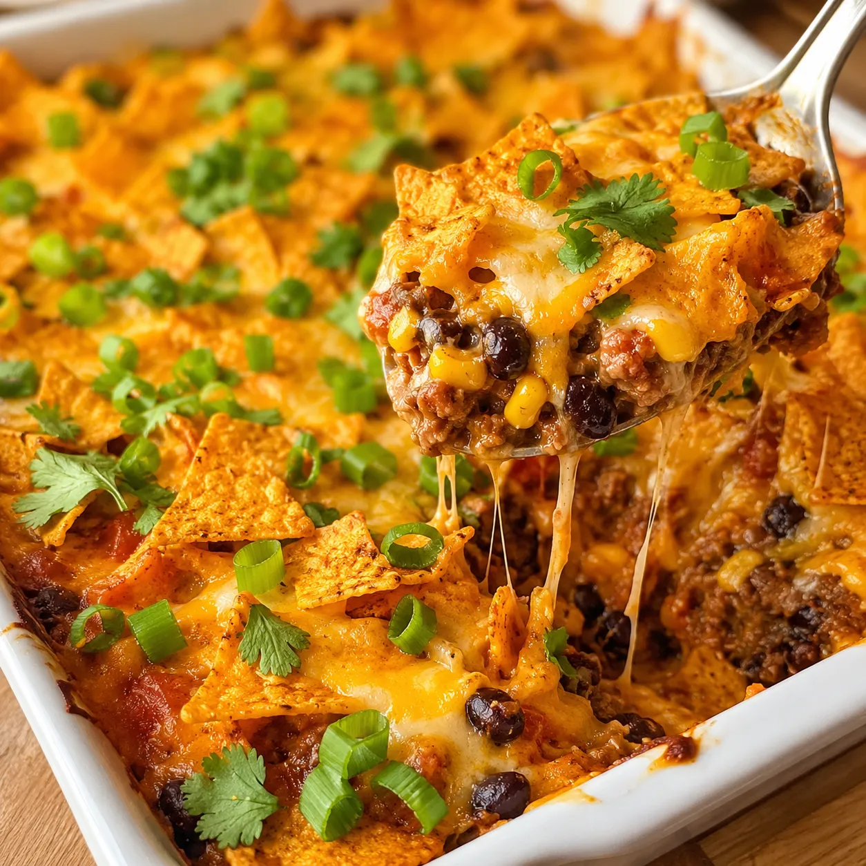 Dorito Casserole with melted cheese, beef, beans, corn, and green onions