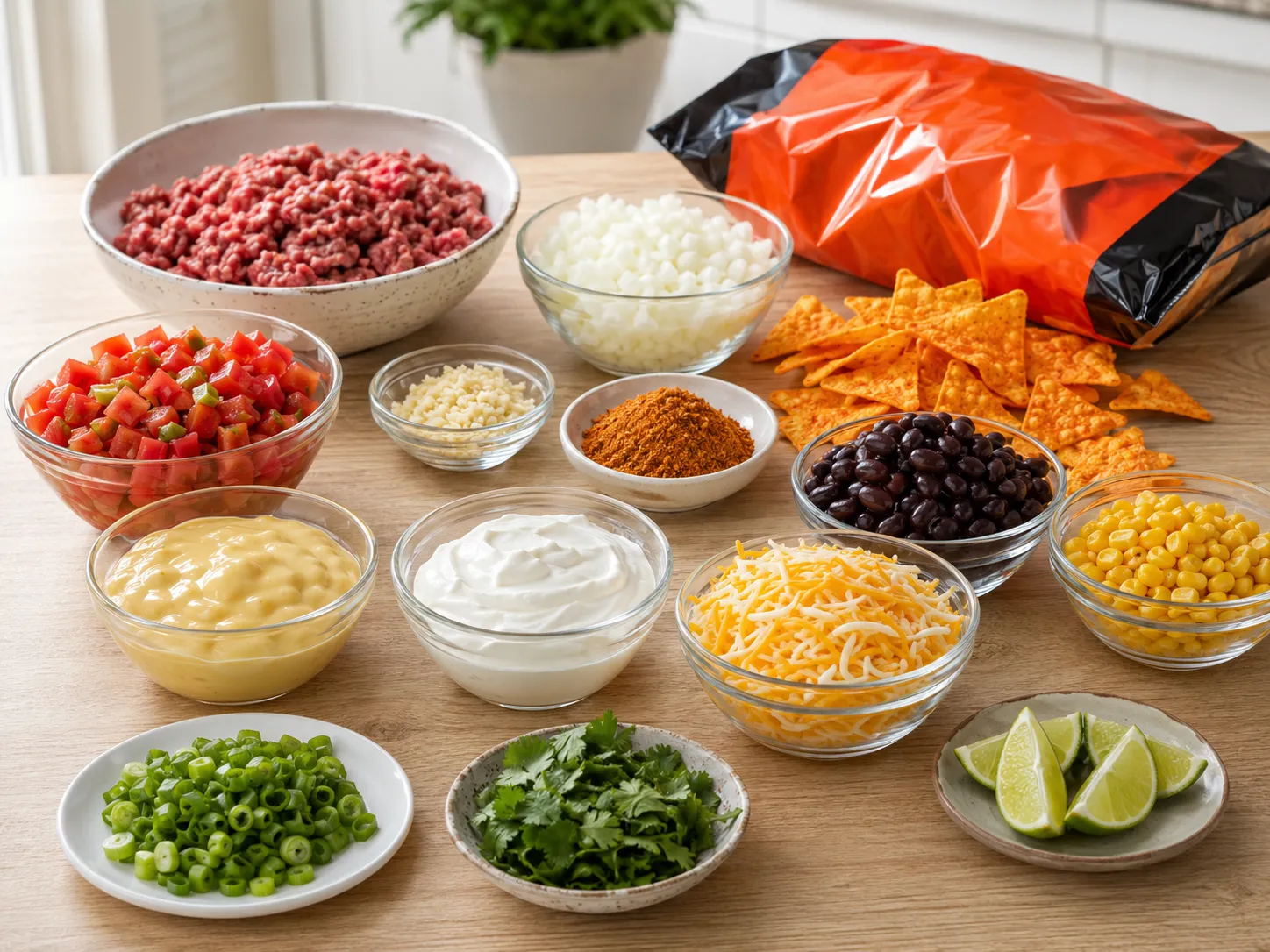 Ingredients for Dorito Casserole with beef, cheese, beans, corn, and nacho chips