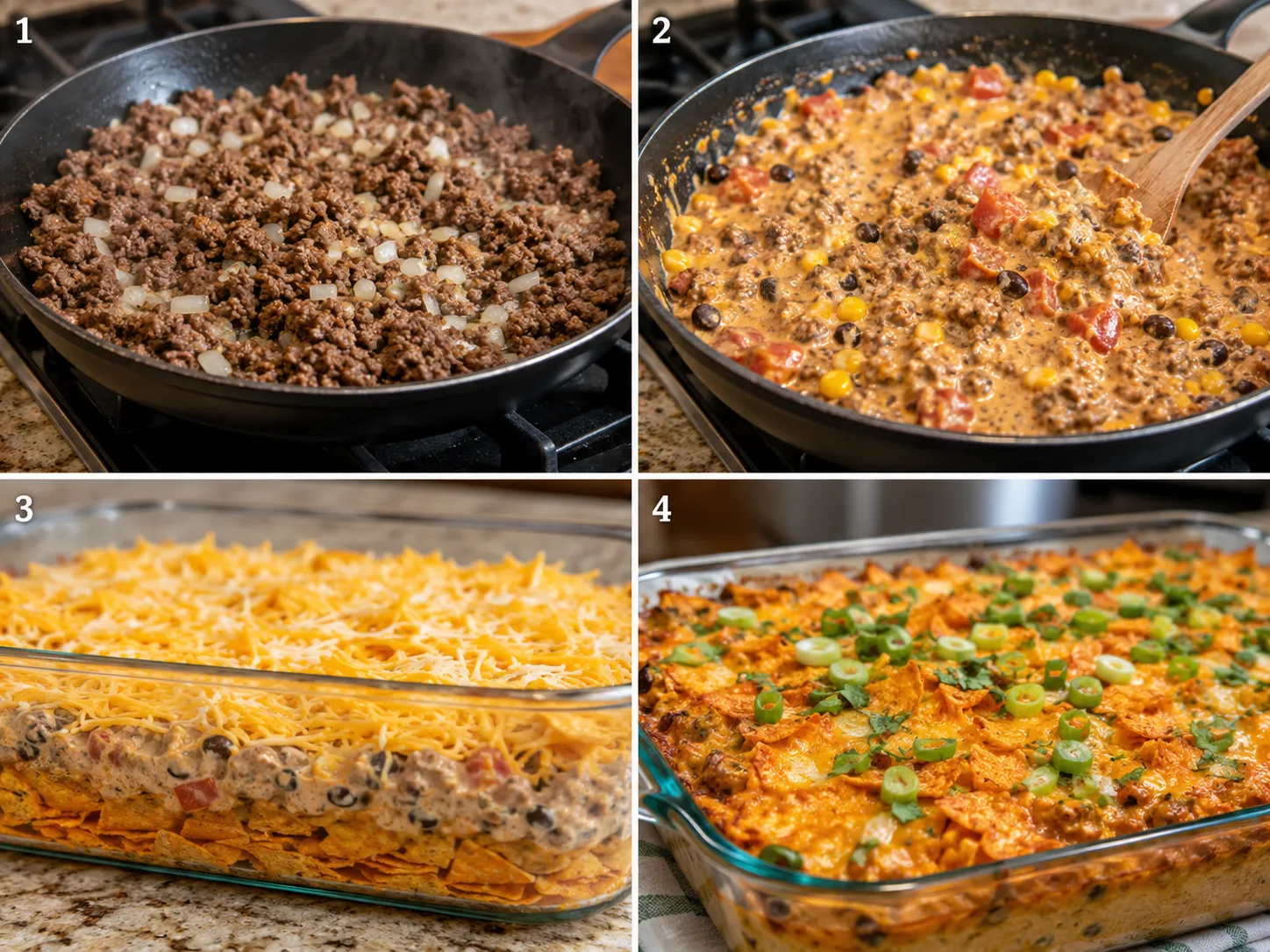 Four cooking steps for Dorito Casserole from beef filling to baked topping