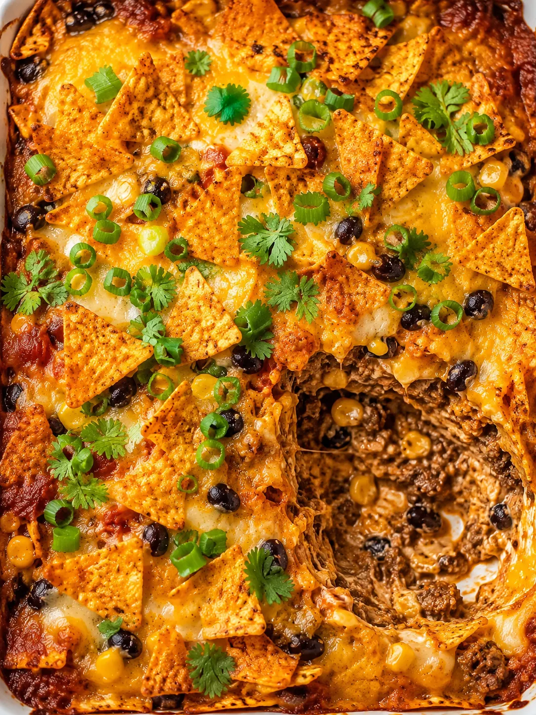 Dorito Casserole topped with crunchy chips, melted cheese, and green onions