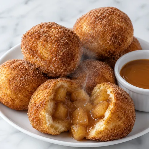 Cinnamon sugar apple pie bombs with warm apple filling on a plate