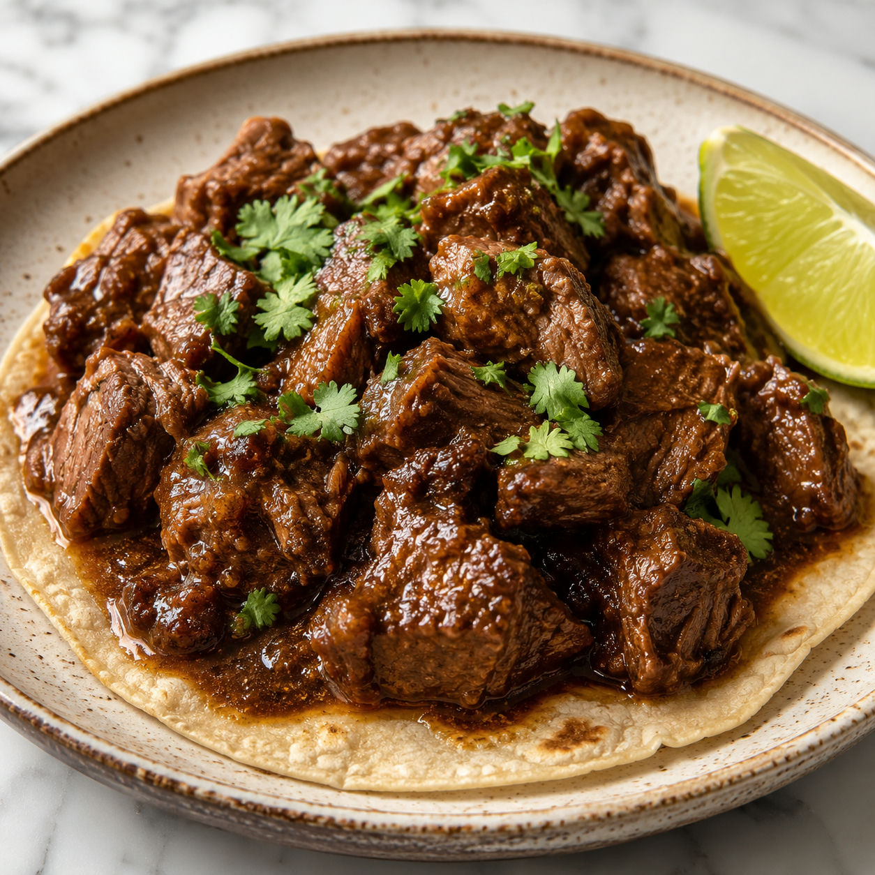 Carne guisada beef stew in thick brown cumin gravy on a flour tortilla with cilantro and lime