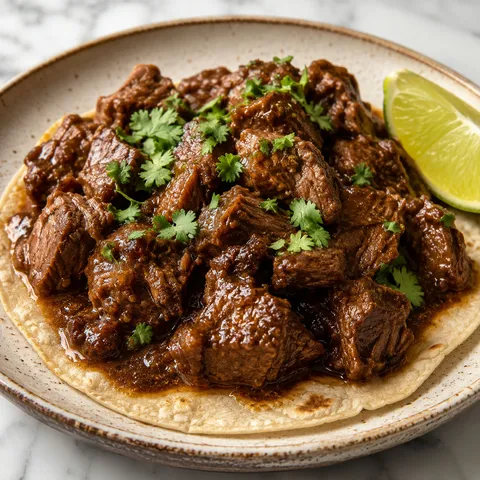 Carne guisada beef stew in thick brown cumin gravy on a flour tortilla with cilantro and lime