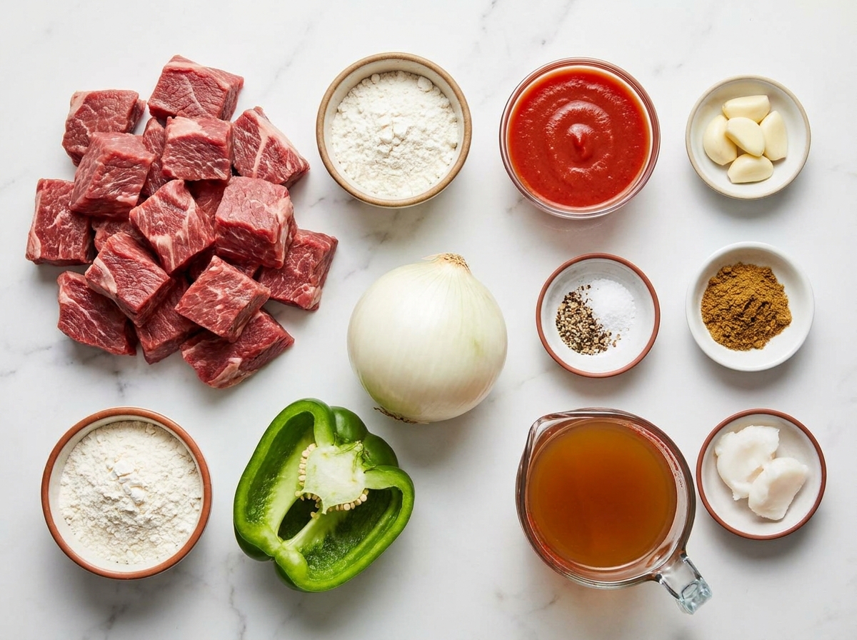 Raw carne guisada ingredients on a wooden surface including beef chuck, cumin, onion, garlic, and flour
