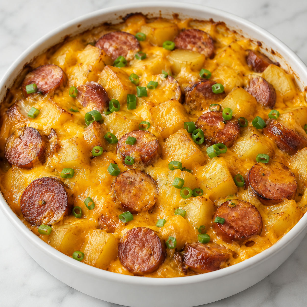 Cheesy potato and kielbasa bake with green onions in a white dish