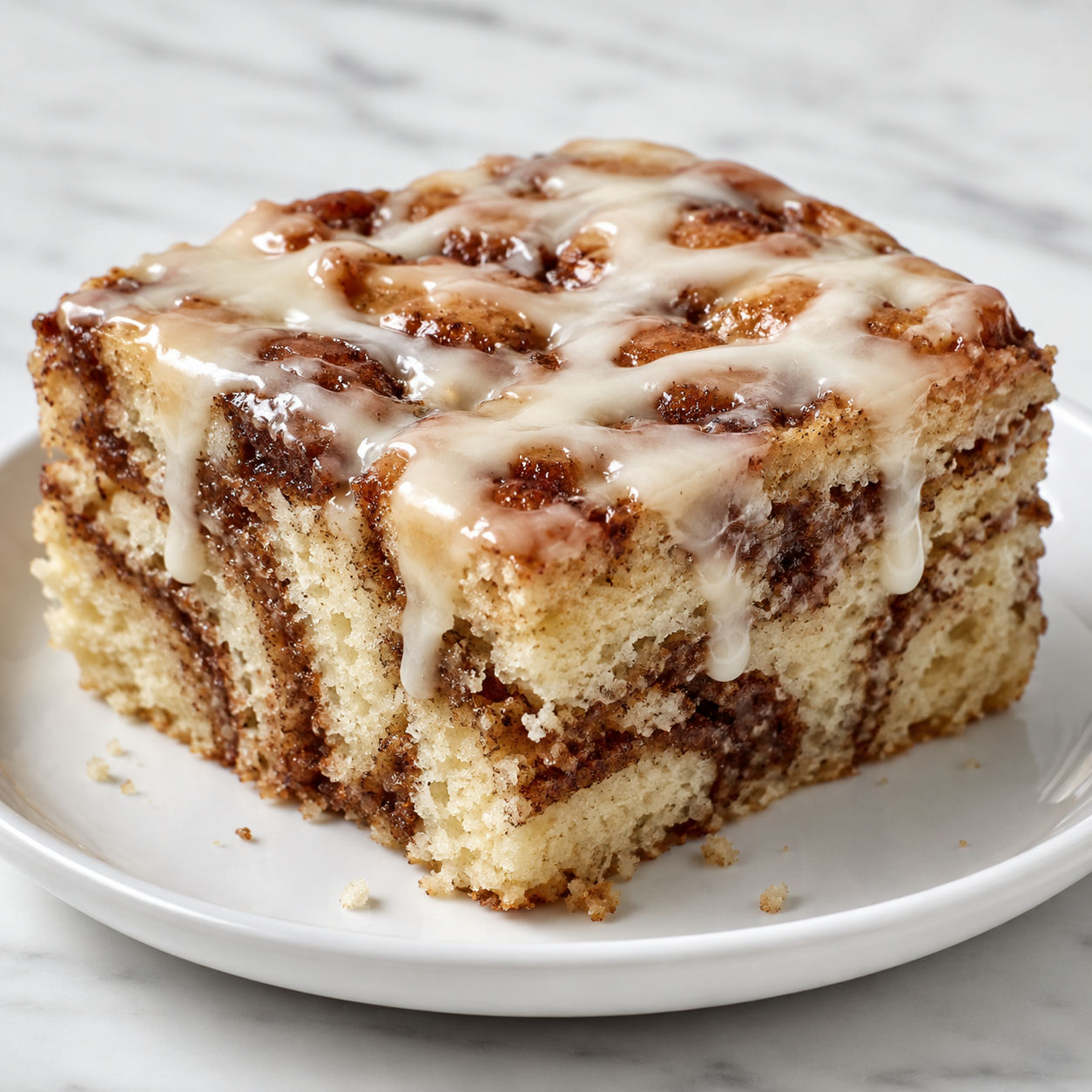 Cinnamon roll cake slice with cream cheese glaze and brown sugar swirls