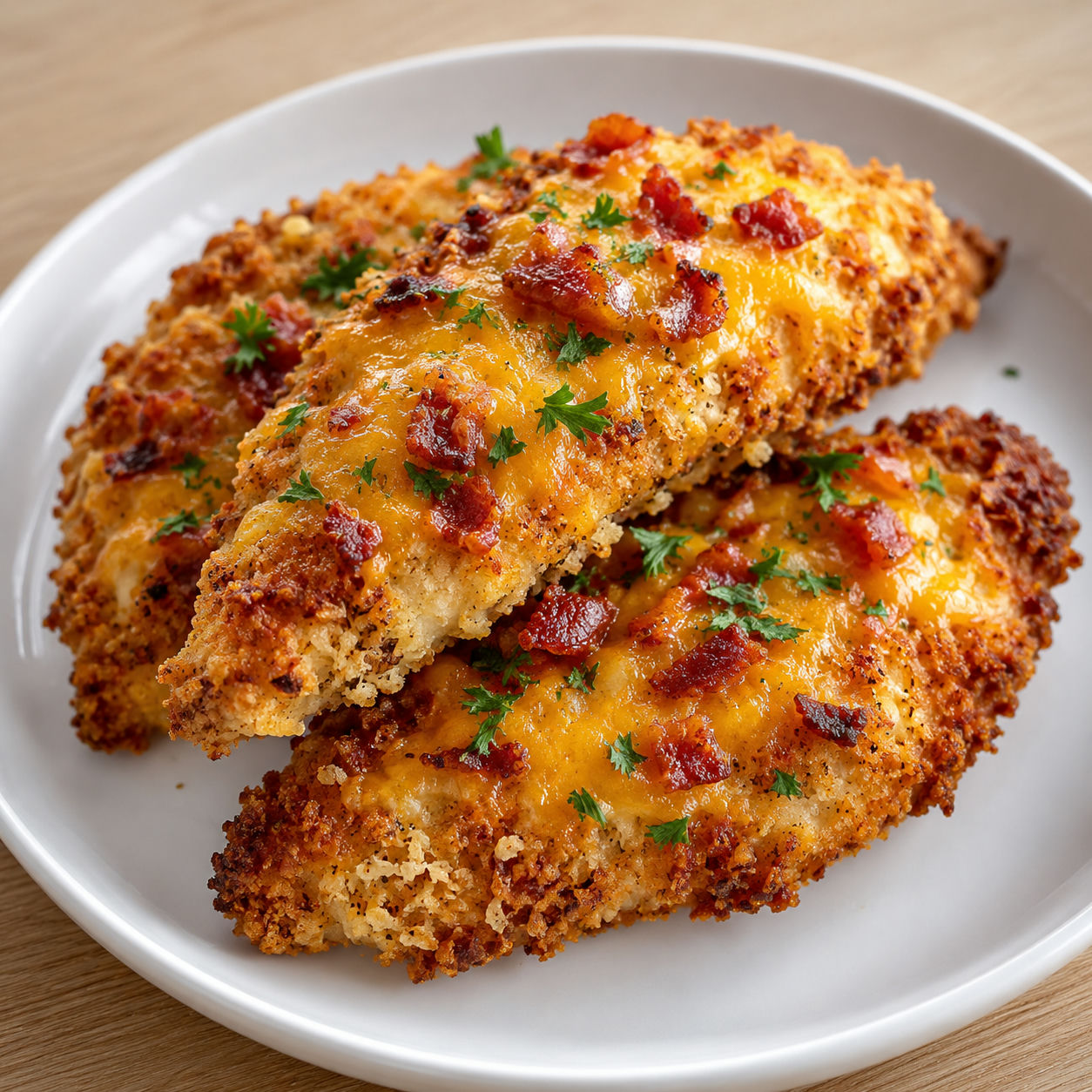 Golden crack chicken tenders with melted cheddar and bacon on a white ceramic plate