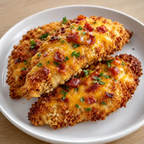 Golden crack chicken tenders with melted cheddar and bacon on a white ceramic plate