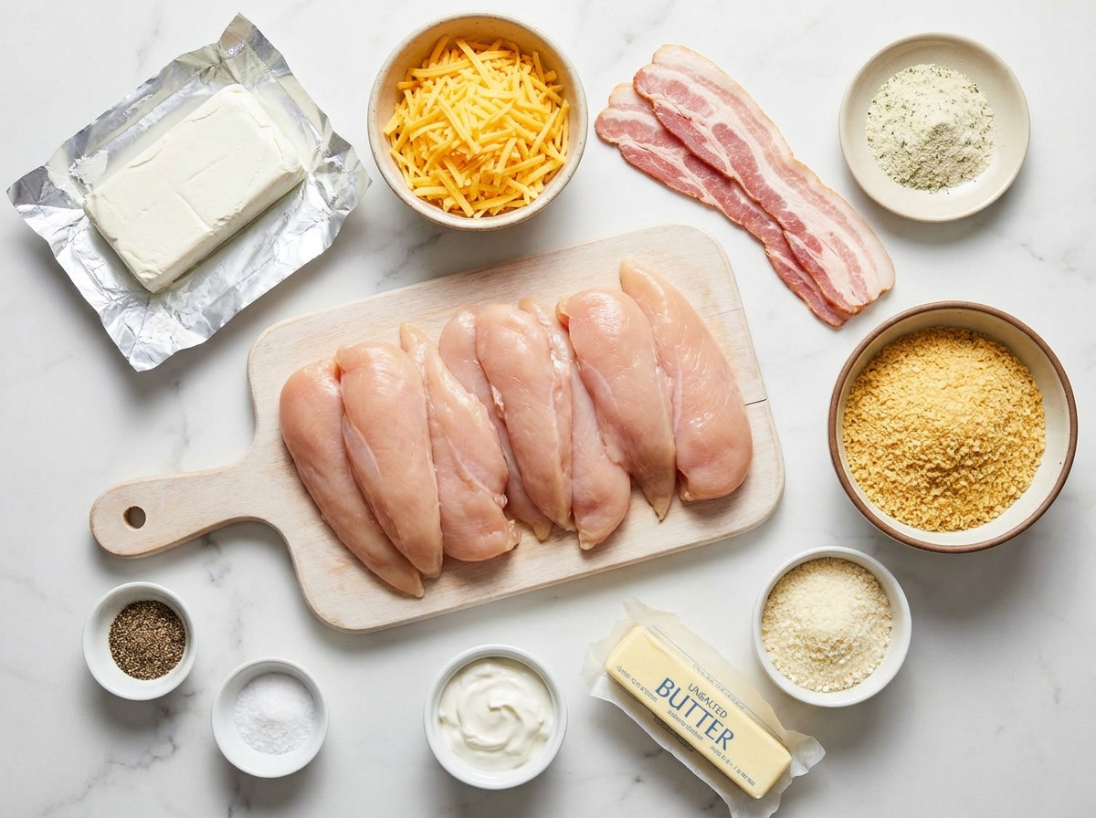 Raw ingredients for crack chicken tenders including cream cheese, cheddar, bacon, and panko on marble