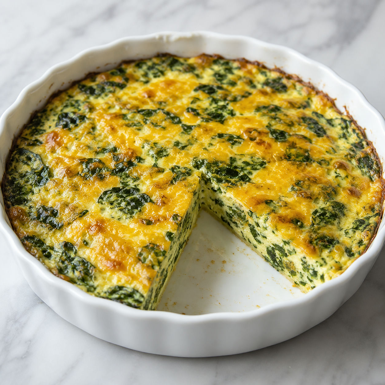 Crustless spinach quiche with golden cheddar top in a white pie dish
