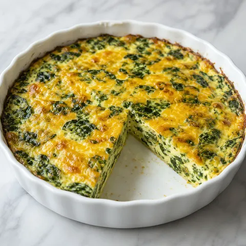 Crustless spinach quiche with golden cheddar top in a white pie dish
