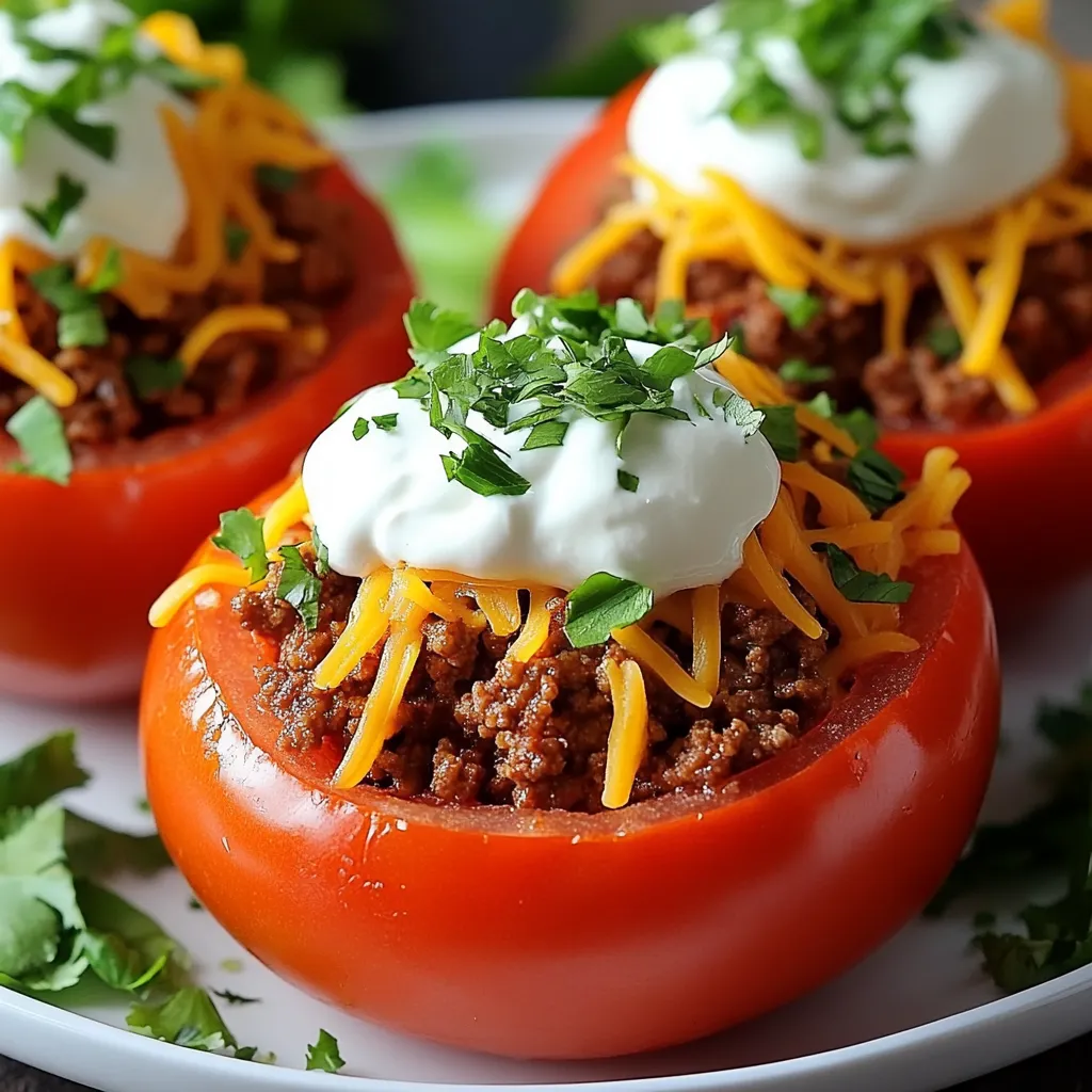 Healthy Taco Stuffed Tomatoes with Beef, Cheese, and Lettuce