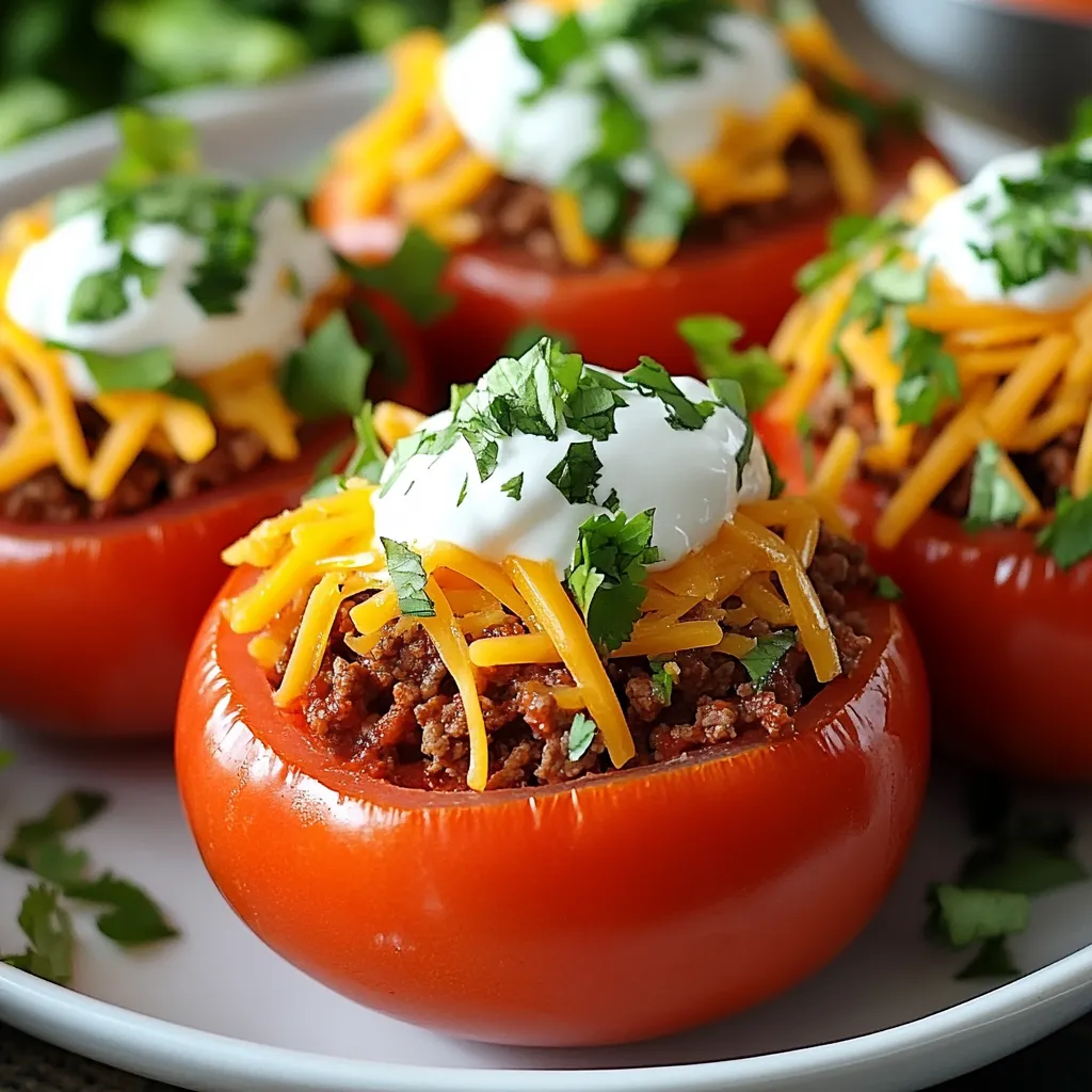 Healthy Taco Stuffed Tomatoes with Beef, Cheese, and Lettuce