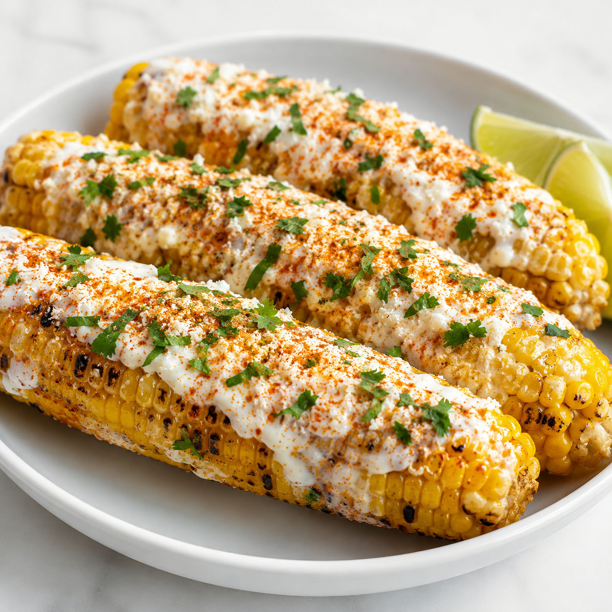 Mexican street corn with cotija, chili, cilantro, and lime