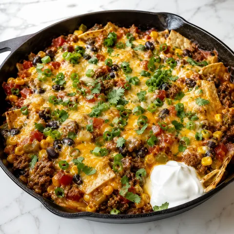 Cheesy one-skillet taco bake with beef, beans, corn, and cilantro