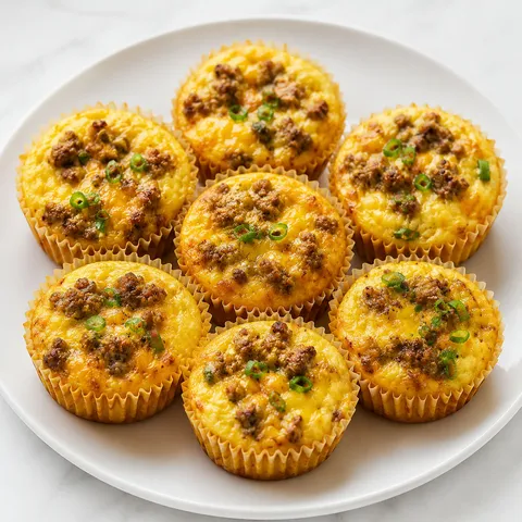 Sausage breakfast muffins with cheddar and green onions on a white plate