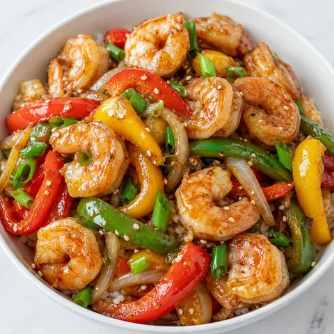 Shrimp and bell pepper stir-fry with scallions and sesame seeds