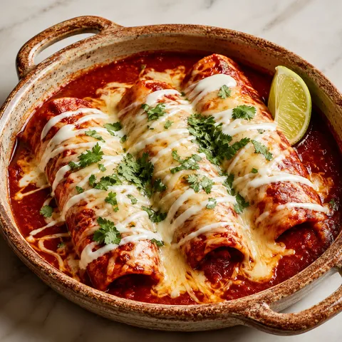 Enchiladas Suizas Rojas with red guajillo sauce, melted cheese, and Mexican crema in a ceramic dish