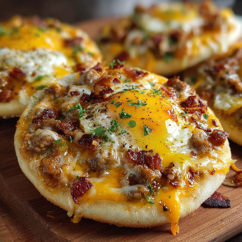 English Muffin Breakfast Pizza with Sausage, Eggs, and Gravy