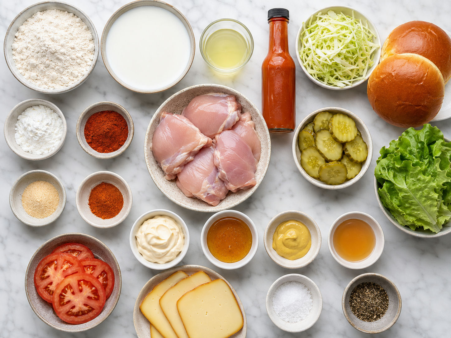 Ingredients for crispy chicken sandwiches with buns, slaw, pickles, and gouda