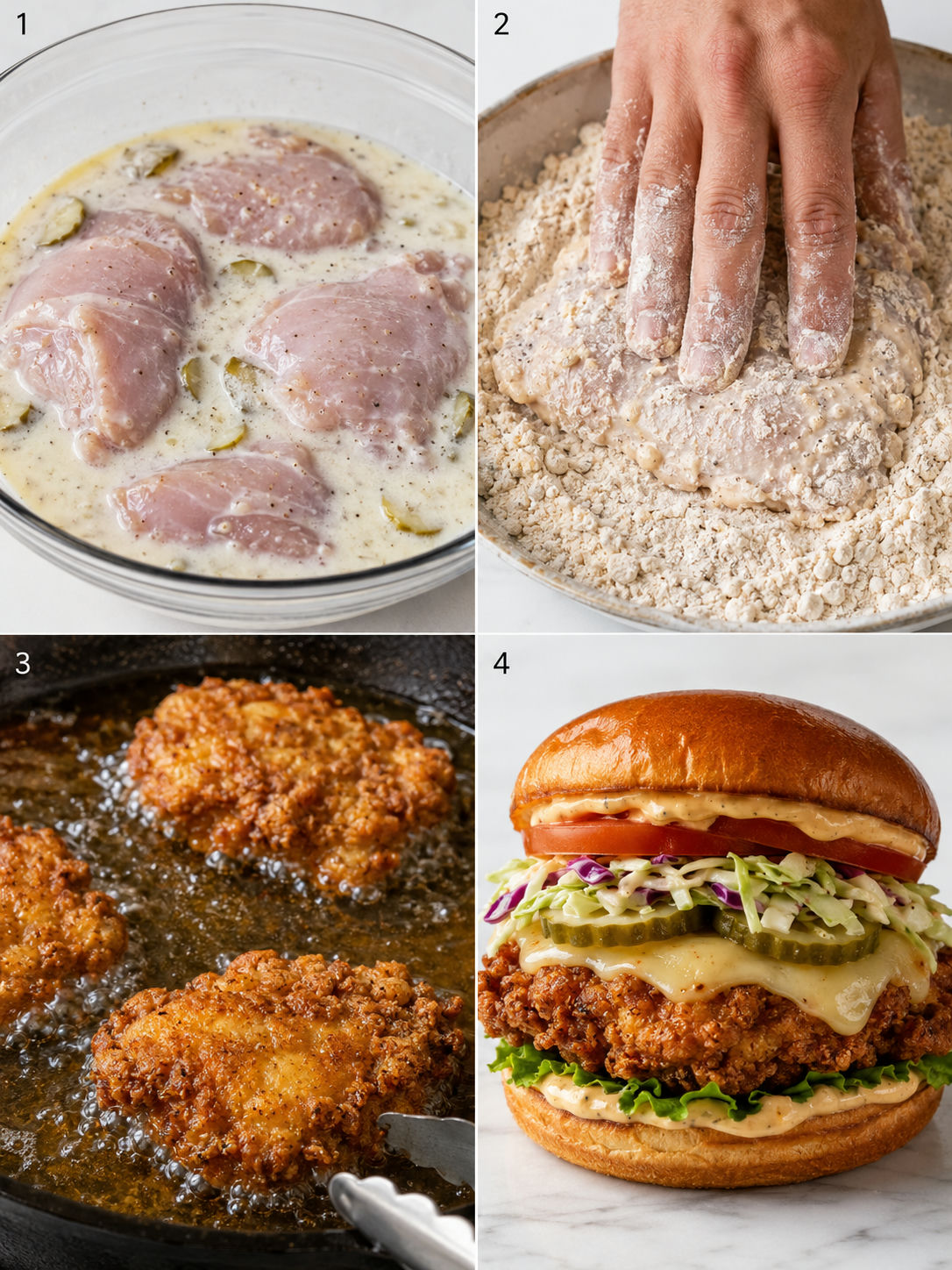 Four steps for making crispy chicken sandwiches from brine to assembly