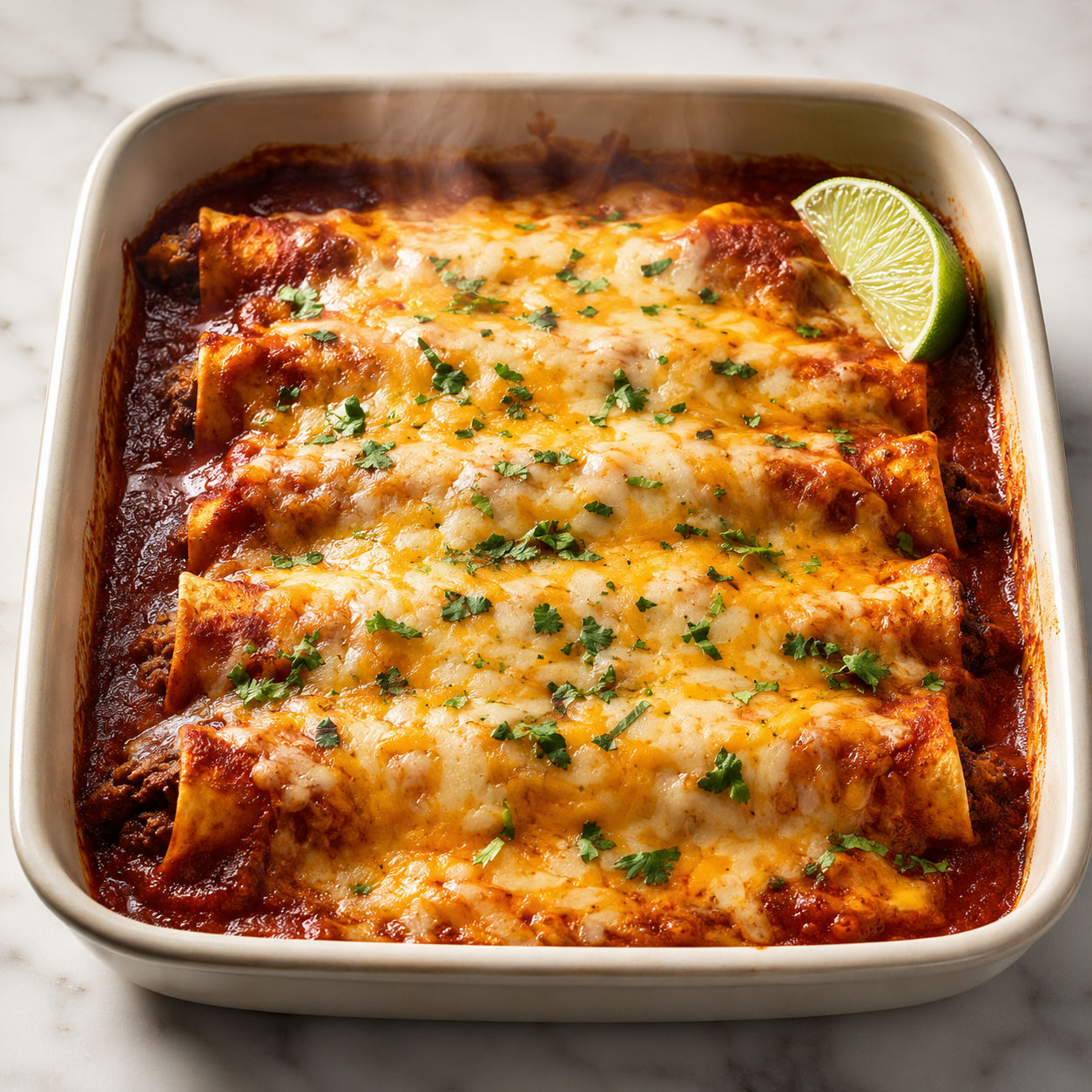 Beef enchiladas in a casserole dish with thick bubbling melted cheese and red enchilada sauce