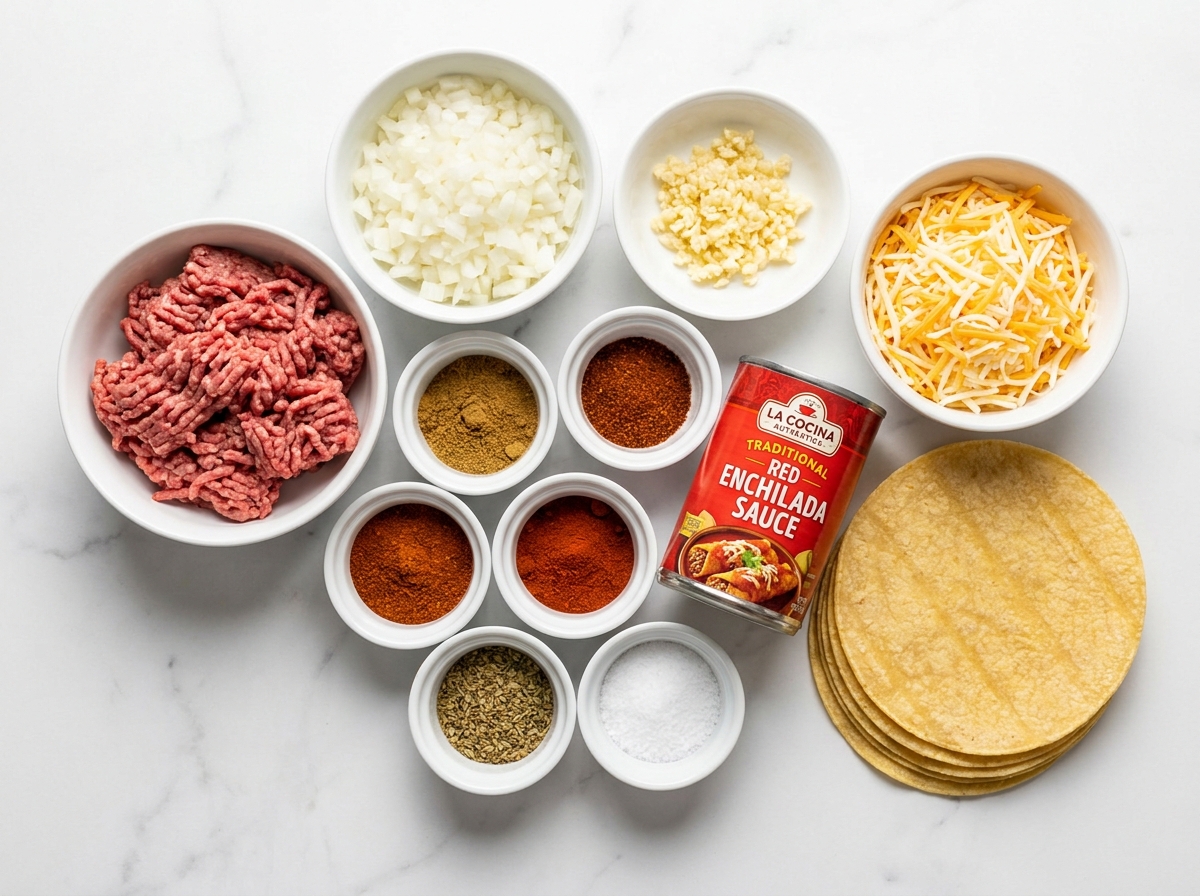 Raw ingredients for beef enchiladas including ground beef, corn tortillas, cheese, sauce, and spices