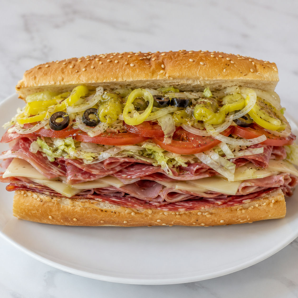 Extra-loaded Italian hoagie with deli meats, provolone, lettuce, and peppers