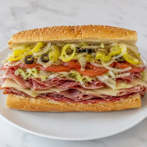 Extra-loaded Italian hoagie with deli meats, provolone, lettuce, and peppers