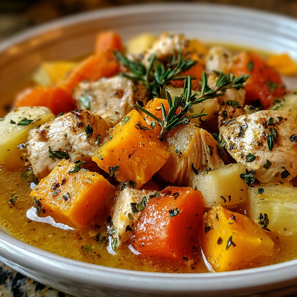 Slow-cooked fall harvest stew with chicken, squash, and sweet potatoes