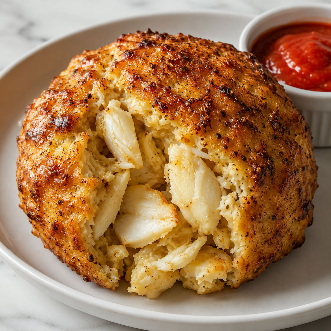 Golden baked famous crab bomb on a white plate with lemon and cocktail sauce