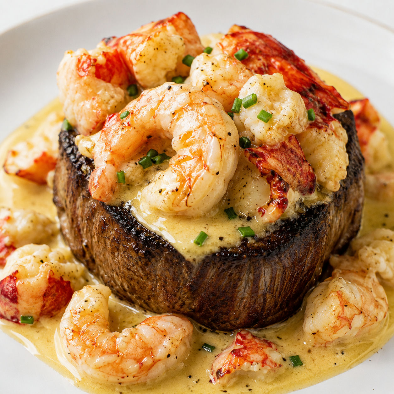 Filet mignon topped with shrimp, lobster, cream sauce, and chives