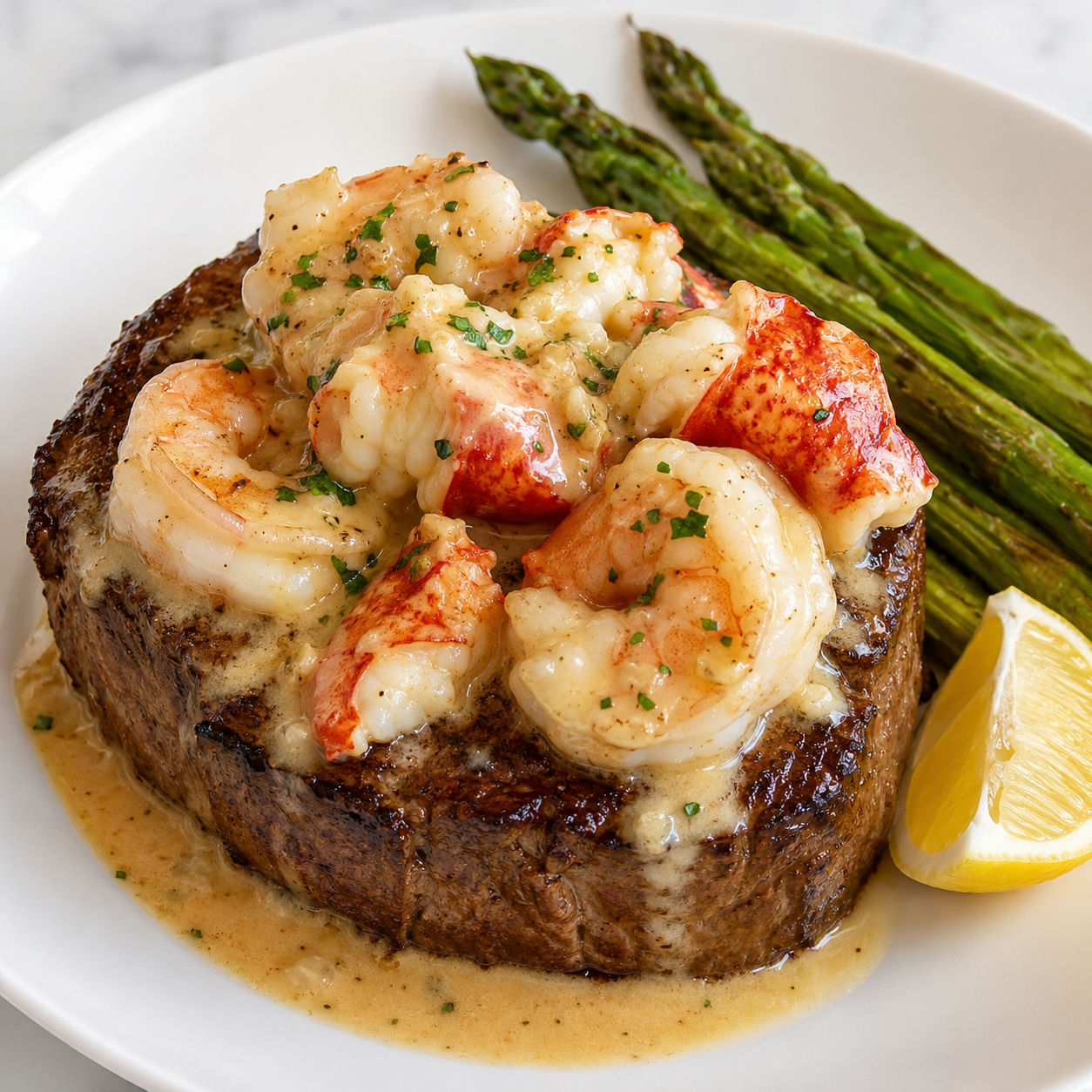 Filet mignon with shrimp, lobster cream sauce, parsley, and asparagus