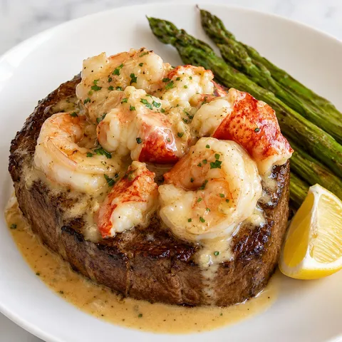 Filet mignon with shrimp, lobster cream sauce, parsley, and asparagus