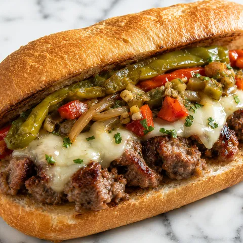 Italian sausage and pepper hoagie with provolone and hot giardiniera