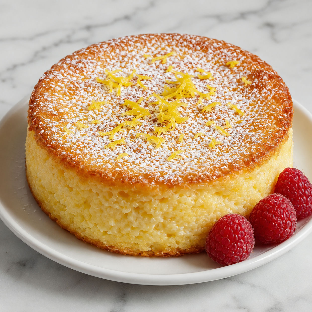 Flourless cottage cheese lemon cake slice with lemon zest and raspberries