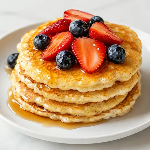 Flourless cottage cheese pancakes with berries and maple syrup