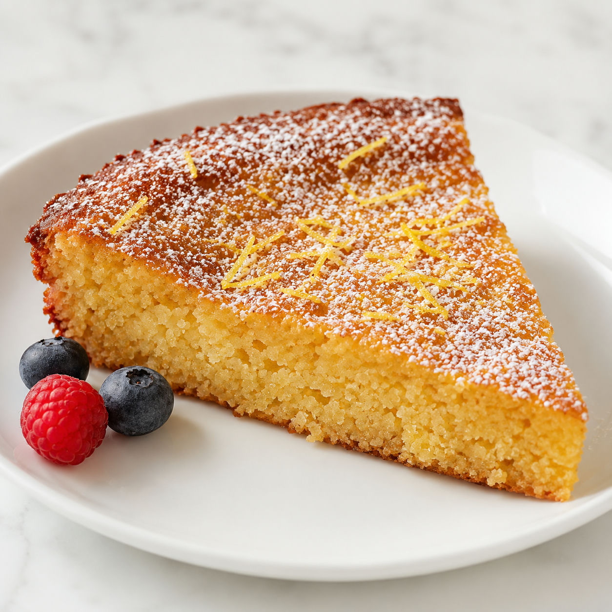 Flourless lemon Greek yogurt cake slice with powdered sugar and berries