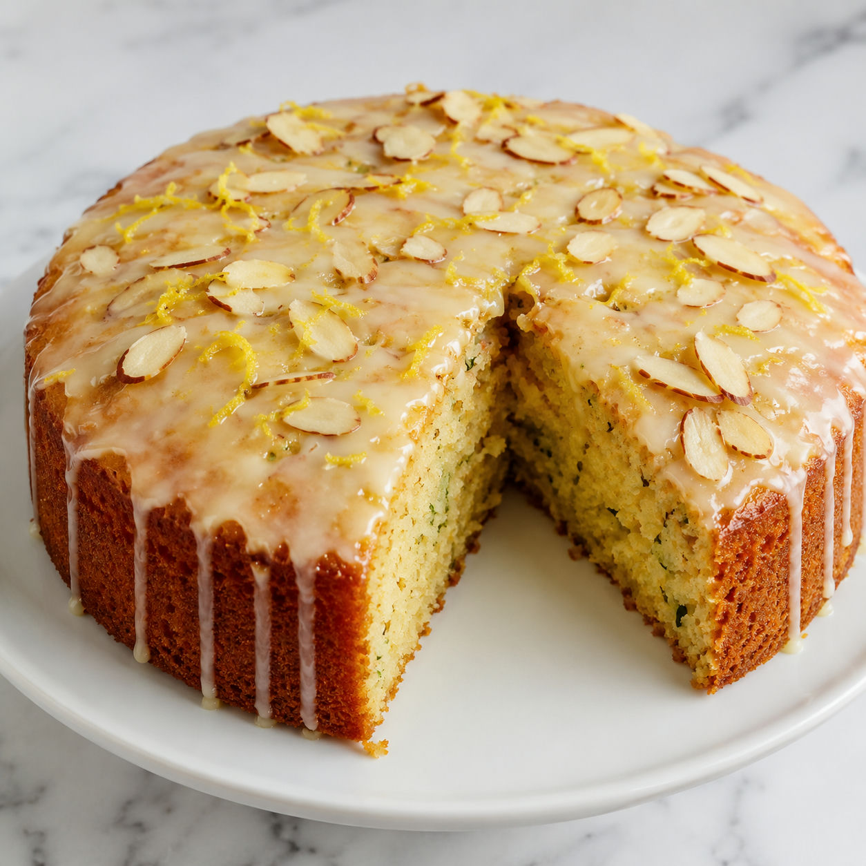 Flourless lemon zucchini cake with lemon glaze and sliced almonds