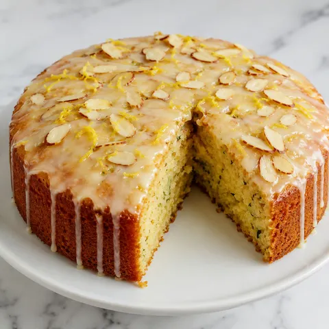Flourless lemon zucchini cake with lemon glaze and sliced almonds